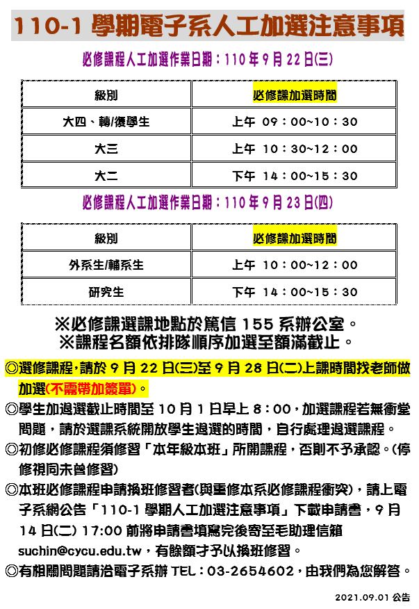 選課方式已更新 請詳見最新選課公告 110 1學期人工加選注意事項 中原大學電子工程學系